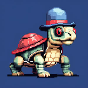 A turtle, ((with a hat on his head and red eyes:1.1)), crawling forward on all fours,(full body picture),(from the side:1.9),
A blue background,(Pixel Art :1.3), 