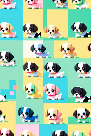 a cute pattern
for pattern design,
Pixel Style
A cute puppy pattern,
White, black, pink, blue, yellow, green, all kinds of bright colors,
Clean background, V ray,pixel style