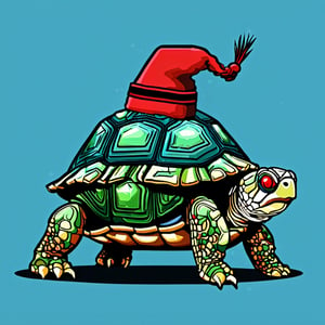 A turtle, ((with a hat on his head and red eyes:1.1)), crawling forward on all fours,(full body picture),(from the side:1.9),
A blue background,(Pixel Art :1.3), Pixel style,