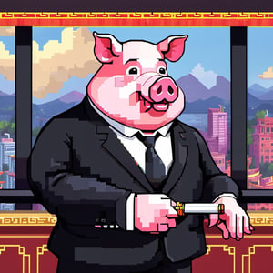 A political dictator, an arms dealer,((a pig with Chinese characteristics)), ((Pig President)), (Pig President), (Pig Man), fat figure, (animal anthropomorphic)),super detail, gangster theme, smoking, black suit, Father of God style, looking at the audience, standing on a balcony, solid color background, Super clear, super facial detail, intricate, masterpiece,ull body portrait, portrait, proud, win, vivid colors,colorful vector style background,height :1.1,Pixel art,,pixel style