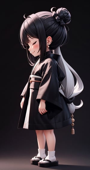 (Super Chibi) (Very Small Body) (Shame face) (black and silver background) (there are small lopes surrounding the character) (Dark), getou, long hair, looking at viewer, smile, , black hair, long sleeves, closed mouth, standing, jacket, closed eyes, white shirt, male focus, cowboy shot, japanese clothes, wide sleeves, kimono, hair bun, black eyes, black jacket, profile, ^_^, piercing, single hair bun, ear piercing, black kimono, hair pulled back, full_body