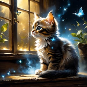 A kitten bathed in moonlight looks at a glowing firefly butterfly, side view, he looks up, ((magic glowing magic smoke and fireflies surround him)) and tiny butterflies dance around him, in the window of a village house, a magical night, whimsical, dreamy, fabulous, perfect anatomy, perfect composition, ((golden ratio)) art MSchiffer, Gabriele Dell'otto, AI Midjourney model,oil paint 