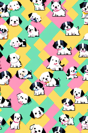 (((a cute pattern)))
for pattern design,
(((HD Pixel Style)))
A cute puppy pattern,
White, black, pink, blue, yellow, green, all kinds of bright colors,
Clean background, V ray,pixel style