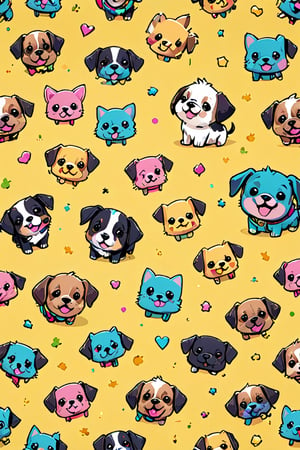 Cute Vector 
Cute patterns |
for pattern design,
(((Pixel Style)))
Cute puppy pattern,
White, black, pink, blue, yellow, green, all kinds of bright colors,
Clean background, V ray,Comic Book-Style 2d