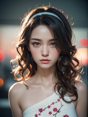 a very beatutiful supermodel, high resolution, (oval face), curly hair, hairband, ladylike style, white sweater, chinese-european girl, 18 years old, preteen youthful face, blond hair, black eyes, glamorous body, small breasts, real hands, (gorgeous hair, half red, half Brown: 1.2),  film grain, embers of memories, colorful, (photo-realisitc), exposure blend, bokeh, (hdr:1.4), high contrast, (cinematic, red:1.2), (muted colors, dim colors, soothing tones:1.3), low saturation, fate/stay background, yofukashi background, 1, toitoistyle,