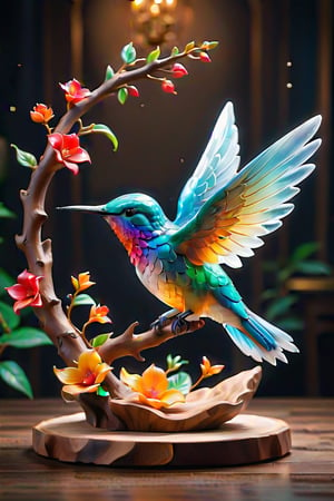 masterpiece, high quality, cinematic lighting, vibrant color, perched on a tree branch, (glass carving humming bird) glass wing,XL,glitter,gbaywing