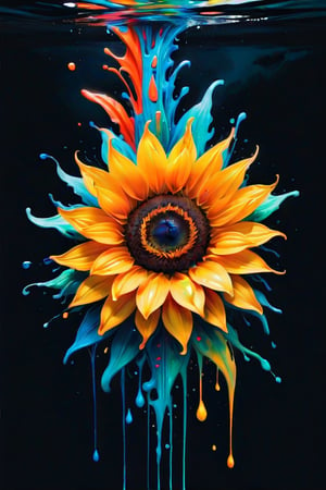 (((1 only Splash:1.8))), ink black sunflower painting,((( watercolor:1.4))), ((water background:1.3)), vibrant color scheme, simple, (((color splash:1.5))), blurred outline,ink ,glitter,smoke, ((Overgradation:1.5)), Clean and crisp texture, floating over water