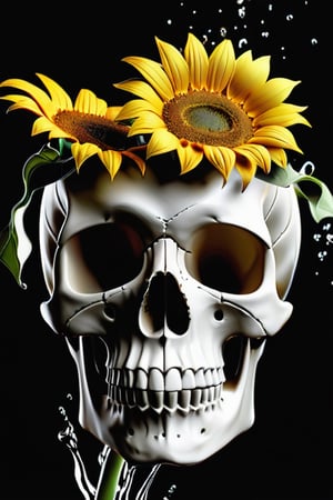 skull with sunflowers growing out of it , different sizes, Powerful liquid explosion2 ,black background, commercial photography, bright environment, studio lighting, OC rendering, super details, solid color isolation platform, professional photography, color grading  