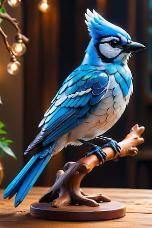 masterpiece, high quality, cinematic lighting, vibrant color, perched on a tree branch, (glass carving blue jay) glass wing,XL,glitter,gbaywing