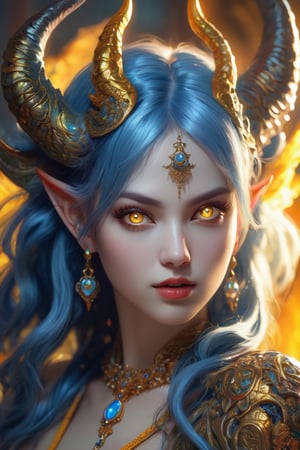 gorgeous female demon, colorful, ultra highly detailed, 32k, Fantastic Realism, complex hell background, bright dynamic lighting, digital painting, intricated pose, highly detailed intricated, stunning, textures, photo real, light from front, extra large yellow_eyes, blue_hair