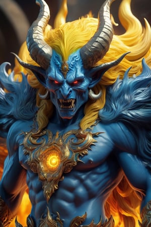 caucasion demon, colorful, ultra highly detailed, 32k, Fantastic Realism, complex hell background, bright dynamic lighting, digital painting, intricated pose, highly detailed intricated, stunning, textures, photo real, light from front, extra large yellow_eyes, blue_hair