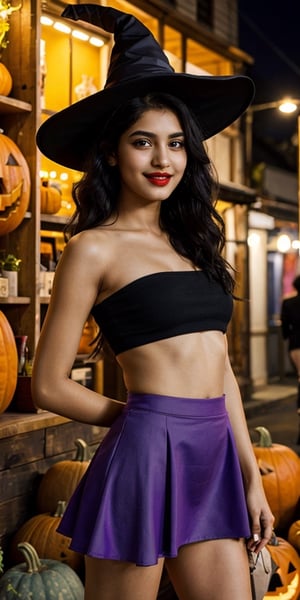 NSFW, masterpiece, best quality, photorealistic, Raw photo, 1girl, Indian teen girl, Halloween, wearing purple skirt, sexy girl, cute face, prostute girl, black top, small nose, wearing makeup lipstick and witch hat, black long hair, visible thighs, bare shoulders, bare arms, and bare legs. She holding her skirt up, smiling, seductive_pose, wearing black panties, clean white skin, at night in crowded street with pumpkins