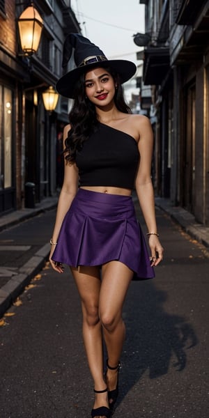 NSFW, masterpiece, best quality, photorealistic, Raw photo, 1girl, Indian teen girl, Halloween, wearing purple skirt, sexy girl, cute face, prostute girl, black top, small nose, wearing makeup lipstick and witch hat, black long hair, visible thighs, bare shoulders, bare arms, and bare legs,((( holding her skirt up ))), smiling, seductive_pose, wearing black panties, clean white skin, at night in crowded street with pumpkins