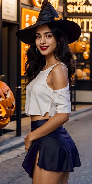 NSFW, masterpiece, best quality, photorealistic, Raw photo, 1girl, Indian teen girl, Halloween, wearing purple skirt, sexy girl, cute face, prostute girl, black top, wearing makeup lipstick and witch hat, black long hair, visible thighs, bare shoulders, bare arms, and bare legs. She holding her skirt up, smiling, seductive_pose, wearing black panties, clean white skin, at night in crowded street with pumpkins