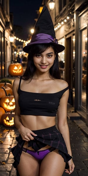 NSFW, masterpiece, best quality, photorealistic, Raw photo, 1girl, Indian teen girl, Halloween, wearing purple skirt, sexy girl, cute face, prostute girl, black top, narrow nose, wearing makeup lipstick and witch hat, black long hair, visible thighs, bare shoulders, bare arms, bare legs, ((holding her skirt up)), smiling, seductive_pose, short skirt, short top, (black panties), (((showing panties))), clean white skin, at night in crowded street, pumpkins