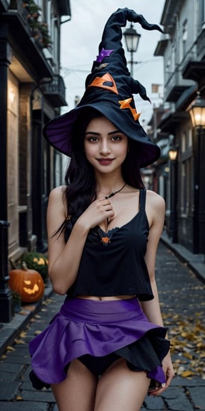 NSFW, masterpiece, best quality, photorealistic, Raw photo, 1girl, indian teen girl, navel, wearing ((( purple skirt, black blouse ))) , Halloween, wearing makeup, pumpkins, cleavage cutout, (((( wearing witch hat )))) , ( black hair ) , long hair, visible thighs, sleeveless blouse, ( girl holding skirt up ) , 4k resolution, front_view, smile, crossed legs, seductive_pose, (( black panties )) , visible panties, clear white skin, in night, in crowd streets