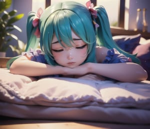 1 girl, solo, masterpice, high_res, hatsune miku, a girl lying on her restroom, restroom,on bed,( lying on stomach,on stomach), from a side, from below, looking at viewer, looking down,, ear on the pillow, resting on the pillow, full room, large breasts, 
On the phone, using the phone, microskirt, miniskirt, tie between breasts, sleeping