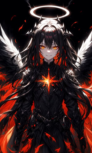 1girl, beautiful, pretty, perfect, black hair with white details, yellow eyes, smirk, fallen angel, black armor, pale skin, black and white hair, short messy hair, loose hair, evil smile, purgatory background, long hair, white hair, white bangs, white and black hair, light and dark hair, multicolored hair, smile, smirk
, big black wings, giant black wings, huge black wings, black halo, melting halo, spread arms, posing, half demon, chains, dark armor, demonic armor, red fire, red flames, holding red fire, combat clothes