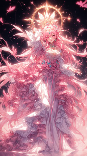 extremely beautiful tall girl, goddess, divine, with long pink hair, losse hair, straight hair, flowing hair, pink eyes, slitted eyes, detailed face, detailed eyes, pink halo above her head, pink hair, with a toned body, full body view, sadistic smile, animal eyes, golden jewelry, pink crystals, royal hall, inside giant castle, pink sky, pink banners, pink tree leaves, pink lights, royal, noble, queen, glowing eyes, open wide arms, sexy pose, posing, floating, goddes of domination
