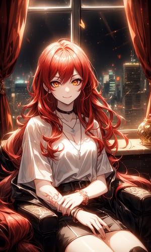 1girl, dark-red hair, pale-yellow eyes, night, city background, inside tall building, window showing city background, beautiful, alternate hairstyle, young looking, young girl, pale skin, black earrings, bracelets, black necklace, white t-shirt, tattoos, teenager, teen, long hair, sitting on the window