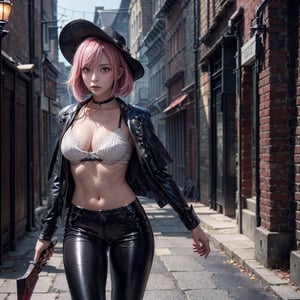 entimeters in height. She has short hair, eye-covering bangs, pink hair, a round face, and is dressed in an outfit resembling that from the game 'Bloodborne,' wearing a fringed leather coat, black fitted leather pants, and combat boots. She wields a gorgeous and lethal curved blade, emitting a mysterious glow. She might be standing in an ancient Bloodborne-esque city, surrounded by eerie architecture and dimly lit streets. Her expression is filled with determination and resolve, and her gaze reveals the bravery to confront the darkness. She appears as an adventurer seeking truth and ready to unveil mysterious enigmas.