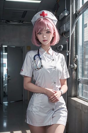 A 20-year-old woman with short hair, lash-grazing bangs, pink hair, a round face, and a height of approximately 144 centimeters, dressed in a nurse’s uniform. Her short hair is neatly styled, and she wears a white nurse’s cap. She has a gentle smile that conveys care and compassion. She stands in a hospital corridor with the backdrop of well-lit medical equipment and patient room doors. In her hand, she holds medical charts, showcasing her professional responsibility. Her nurse’s uniform exemplifies professionalism and care, representing the spirit of the healthcare field.