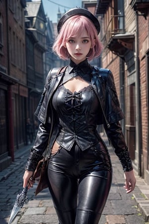 entimeters in height. She has short hair, eye-covering bangs, pink hair, a round face, and is dressed in an outfit resembling that from the game 'Bloodborne,' wearing a fringed leather coat, black fitted leather pants, and combat boots. She wields a gorgeous and lethal curved blade, emitting a mysterious glow. She might be standing in an ancient Bloodborne-esque city, surrounded by eerie architecture and dimly lit streets. Her expression is filled with determination and resolve, and her gaze reveals the bravery to confront the darkness. She appears as an adventurer seeking truth and ready to unveil mysterious enigmas.