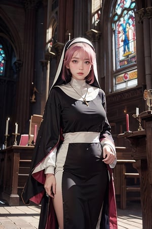 A 20-year-old woman with a slim and well-proportioned figure, standing at approximately 144 centimeters in height. She has short hair, eye-covering bangs, pink hair, a round face, and is dressed in a traditional nun's attire, including a long robe, a headpiece, and a cross necklace. She might be standing in a serene church, with an altar and stained glass windows in the background. Her expression is devout and serene, revealing her deep religious faith and dedication. Her nun's attire represents her loyalty to her faith and spiritual calling.