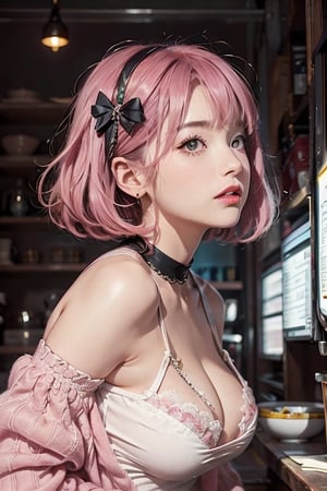 A 20-year-old woman with short hair, lash-grazing bangs, pink hair, a round face, and a height of approximately 144 centimeters, dressed in a retro vintage fashion ensemble. She rocks vintage clothing from different eras, showcasing classic patterns and designs. The style carries a nostalgic charm with muted colors, high contrast, and sharp features.YAMATO