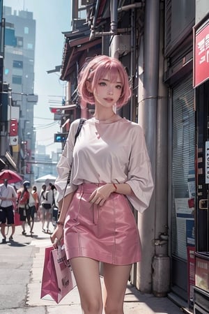 A 20-year-old woman with short hair, lash-grazing bangs, pink hair, a round face, She confidently smiles, Her pink hair flows in the breeze, 