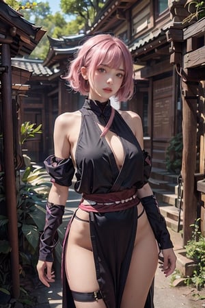 A 20-year-old woman with short hair, lash-grazing bangs, pink hair, a round face, and a height of approximately 144 centimeters, dressed in a ninja outfit. She wears a black, form-fitting costume with a ninja belt around her waist and carries a traditional weapons pouch on her shoulder. She might be standing in a secluded forest or in front of an ancient temple, surrounded by dense foliage and a tranquil atmosphere. Her expression is vigilant, filled with sharp insight, as if she's a skilled ninja, ready to undertake a secret mission. Her ninja attire represents her skill and determination, as well as her reverence for the traditions of ancient ninjutsu.