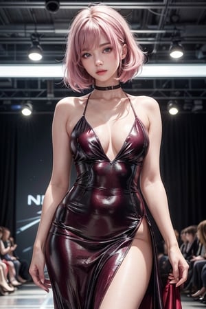 A 20-year-old woman with a slim and well-proportioned figure, standing at approximately 144 centimeters in height. She has short hair, eye-covering bangs, pink hair, a round face, and is dressed in a stylish fashion model's attire. She wears an elegant and avant-garde gown with sleek lines and vibrant colors. She might be standing on a fashion runway, with bright spotlights and admiring gazes in the background. Her expression is confident and alluring, showcasing the professional charm and charisma of the fashion industry. She appears as a fashion star, ready to step onto the catwalk and become the center of attention.