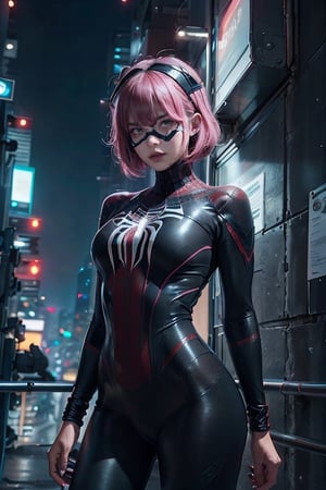 A 20-year-old woman with short hair, lash-grazing bangs, pink hair, a round face, and a height of approximately 144 centimeters, dressed in an outfit resembling the Spider-Man suit. She wears a black Spider-Man patterned bodysuit with a mask featuring a spider motif on her head. She might be standing amid the tall skyscrapers of a city, surrounded by towering buildings and the cityscape of the night. Her expression is filled with courage and confidence, as if she's a superhero ready to defend the city from wrongdoers. Her Spider-Man suit represents her bravery and fearlessness, as well as her commitment to justice.