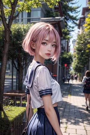 She has short hair, eye-covering bangs, pink hair, a round face, and is dressed in a sailor uniform, with a white top and a blue skirt, exuding youthful energy. She might be standing in a sunny school campus, surrounded by trees and campus buildings. Her expression is innocent and joyful, as if she's a spirited student, ready to face new challenges and friendships. Her sailor outfit represents carefree youthful days.