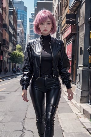 A 20-year-old woman with short hair, lash-grazing bangs, pink hair, a round face, and a height of approximately 144 centimeters, dressed in a biker gang special agent outfit. This special agent style clothing is full of modern design and deadly flair, featuring high functionality and innovative elements. The outfit may include rugged outerwear, professional gear, and accessories to emphasize her special agent identity. This style showcases her decisiveness and fearlessness. YAMATO personifies this biker gang special agent style.