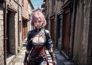 A 20-year-old woman with short hair, lash-grazing bangs, pink hair, a round face, and a height of approximately 144 centimeters, dressed in an outfit reminiscent of the Assassin's Creed style. Her attire combines elements from the medieval era, showcasing her wit and determination. She might be standing on the old city streets, surrounded by ancient architecture and narrow alleyways. Her expression is vigilant, brimming with wisdom and resolve, as if she's a member of the Assassin's Guild, preparing for a mysterious mission. Her Assassin's Creed style represents her intelligence and determination, as well as her love for history,perfect face,full_body