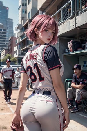 A 20-year-old woman with short hair, lash-grazing bangs, pink hair, a round face, and a height of approximately 144 centimeters, dressed in a baseball uniform. She wears a typical baseball player's attire, donning the team's uniform with bright colors and the team's name and number on the back. She stands in a city street that complements her outfit, with modern architecture and bustling streets in the background. Her expression is filled with energy and a competitive spirit, as if she's a baseball player, ready to run the bases and swing the bat on the field. Her baseball outfit represents her love for sports and teamwork.