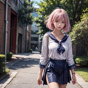 She has short hair, eye-covering bangs, pink hair, a round face, and is dressed in a sailor uniform, with a white top and a blue skirt, exuding youthful energy. She might be standing in a sunny school campus, surrounded by trees and campus buildings. Her expression is innocent and joyful, as if she's a spirited student, ready to face new challenges and friendships. Her sailor outfit represents carefree youthful days.