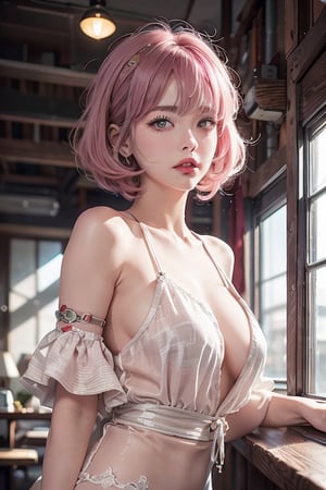 A 20-year-old woman with short hair, lash-grazing bangs, pink hair, a round face, and a height of approximately 144 centimeters, dressed in a retro vintage fashion ensemble. She rocks vintage clothing from different eras, showcasing classic patterns and designs. The style carries a nostalgic charm with muted colors, high contrast, and sharp features.YAMATO