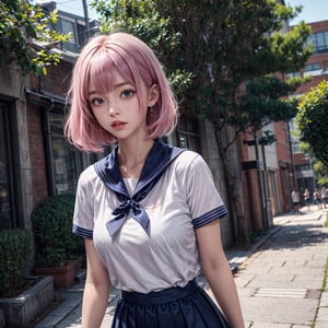 She has short hair, eye-covering bangs, pink hair, a round face, and is dressed in a sailor uniform, with a white top and a blue skirt, exuding youthful energy. She might be standing in a sunny school campus, surrounded by trees and campus buildings. Her expression is innocent and joyful, as if she's a spirited student, ready to face new challenges and friendships. Her sailor outfit represents carefree youthful days.