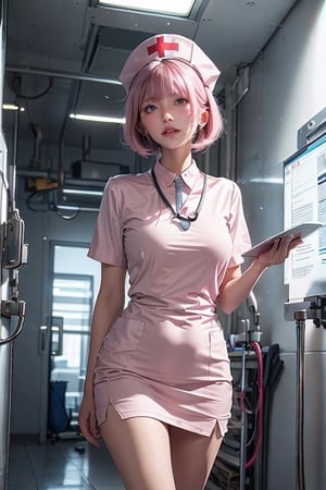 A 20-year-old woman with short hair, lash-grazing bangs, pink hair, a round face, . Her short hair is neatly styled, and she wears a white nurse’s cap. She has a gentle smile 