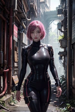 A 20-year-old woman with short hair, lash-grazing bangs, pink hair, a round face, and a height of approximately 144 centimeters, dressed in an outfit resembling Ada Wong from the Resident Evil series. Her attire blends modern adventure elements, showcasing her intelligence and determination. She might be standing in an abandoned underground laboratory or castle, surrounded by shadows and mysterious corridors. Her expression is vigilant, brimming with wisdom and resolve, as if she's a special agent, prepared to face various dangers. Her Ada Wong style represents her intelligence and determination, as well as her desire for adventure.