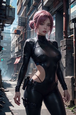 A 20-year-old woman with short hair, lash-grazing bangs, pink hair, a round face, and a height of approximately 144 centimeters, dressed in an outfit resembling Jill Valentine from the Resident Evil series. Her attire blends modern adventure elements, showcasing her determination and courage. She might be standing in an abandoned police station or a city overrun by zombies, surrounded by a tense atmosphere and threats. Her expression is resolute, brimming with bravery and determination, as if she's a special forces agent, prepared to face various dangers. Her Jill Valentine style represents her determination and courage, as well as her desire for adventure.