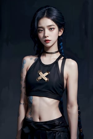 (best quality, masterpiece:1.2),ultra detailed,(photo realistic:1.4),solo,model, black tank_top, dark background, tiny_breasts, long hair, skin, messy_hair, dark_eyes, black_hair, full_body , wavy_hair,long skirt,JinxLol