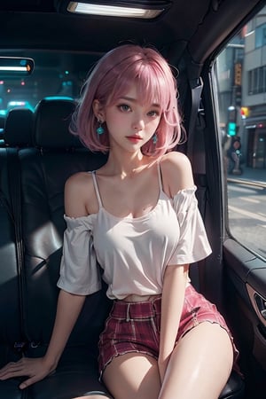 A 20-year-old woman with short hair, lash-grazing bangs, pink hair, a round face,8K resolution, masterpiece, best quality, realistic,cinematic lighting, extremely detailed,korea idol style, school girl, smile realistic face, off-shoulder_shirt, short_shorts, in a realistic setting,body shot, with a convenience_store realistic background, 3Dcinematic, Multiple_earrings,pose,ninjascroll,kawacy,no_humans,interior, ,isometric,Traditional Media,car on shit,bchiron,natural fingers,Food Truck,little_cute_girl