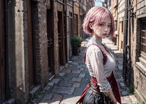 A 20-year-old woman with short hair, lash-grazing bangs, pink hair, a round face, and a height of approximately 144 centimeters, dressed in an outfit reminiscent of the Assassin's Creed style. Her attire combines elements from the medieval era, showcasing her wit and determination. She might be standing on the old city streets, surrounded by ancient architecture and narrow alleyways. Her expression is vigilant, brimming with wisdom and resolve, as if she's a member of the Assassin's Guild, preparing for a mysterious mission. Her Assassin's Creed style represents her intelligence and determination, as well as her love for history,perfect face,full_body