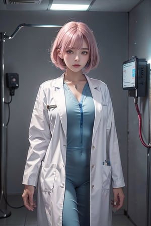 A 20-year-old woman with a slim and well-proportioned figure, standing at approximately 144 centimeters in height. She has short hair, eye-covering bangs, pink hair, a round face, and is dressed in a professional doctor's attire. Her outfit includes a white coat, blue medical uniform, and a doctor's badge on her chest. She might be standing in a hospital corridor, with neat medical facilities and a clean environment in the background. Her expression is focused and friendly, revealing her care for patients and professional dedication. Her doctor's attire represents her medical mission and sense of responsibility.