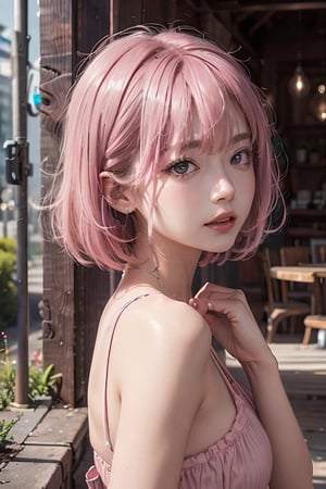 A 20-year-old woman with short hair, lash-grazing bangs, pink hair, a round face,