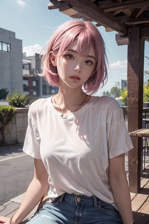 A 20-year-old woman with short hair, lash-grazing bangs, pink hair, a round face, and a height of approximately 144 centimeters, donned in a laid-back casual outfit. She wears comfortable jeans, a simple T-shirt, and sneakers. The style is effortless and relaxed, with natural skin texture and soft lighting highlighting her features.