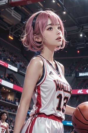 A 20-year-old woman with short hair, lash-grazing bangs, pink hair, a round face, and a height of approximately 144 centimeters, dressed in a basketball jersey. The basketball jersey may feature a modern style with a loose fit, exuding casual charm. Typically adorned with team or player numbers and logos, it highlights basketball culture and the spirit of sports. YAMATO personifies this outfit.